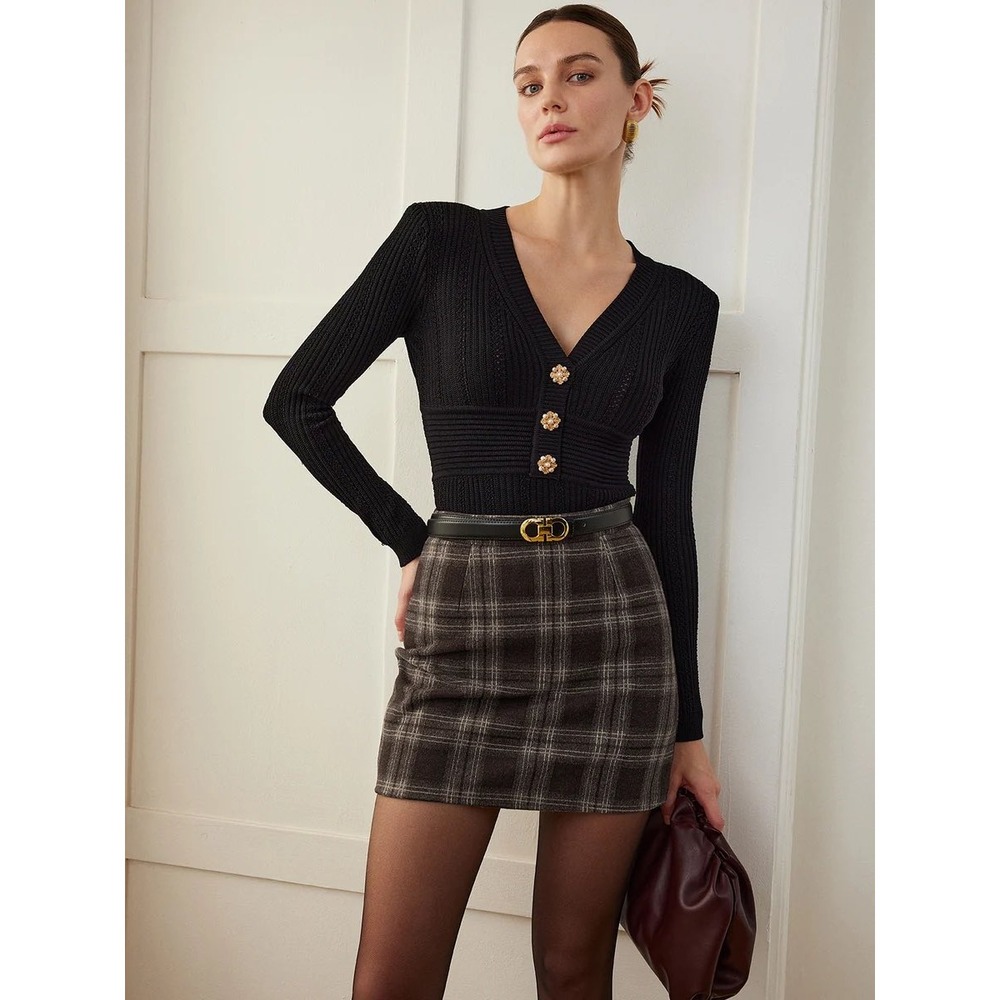 COMMENSE Khaki Plaid Tweed Mid-Waist Mini Skirt Size M